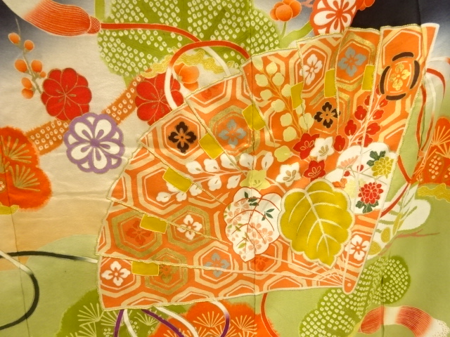  大正ロマン　御所車に松梅模様刺繍五つ紋花嫁衣装振袖2枚重ね・丸帯セット